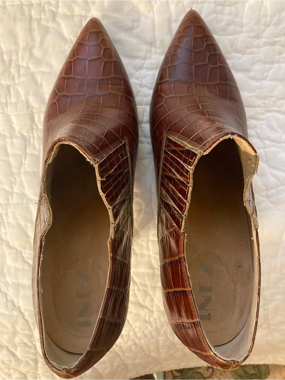 Croc-Effect Brown Stiletto Booties